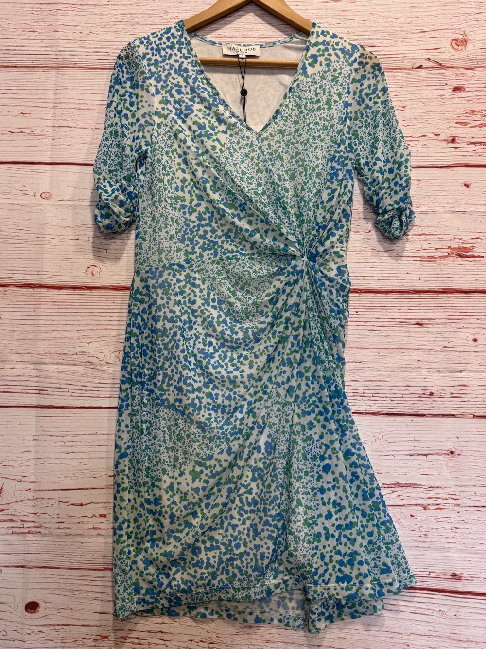 NWT Hale Bob Loraie Draped Mesh Dress in Blue Green Abstract Floral Sz S